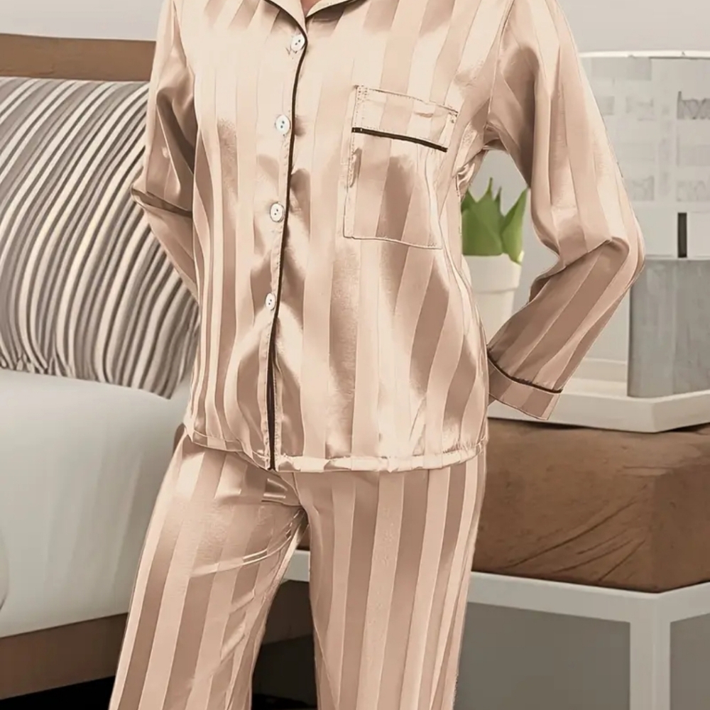 Women's Satin Pajama Set - Tan - Picture 3 of 4